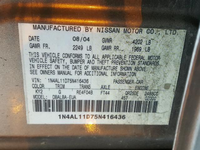 1N4AL11D75N416436 - 2005 NISSAN ALTIMA S BEIGE photo 10