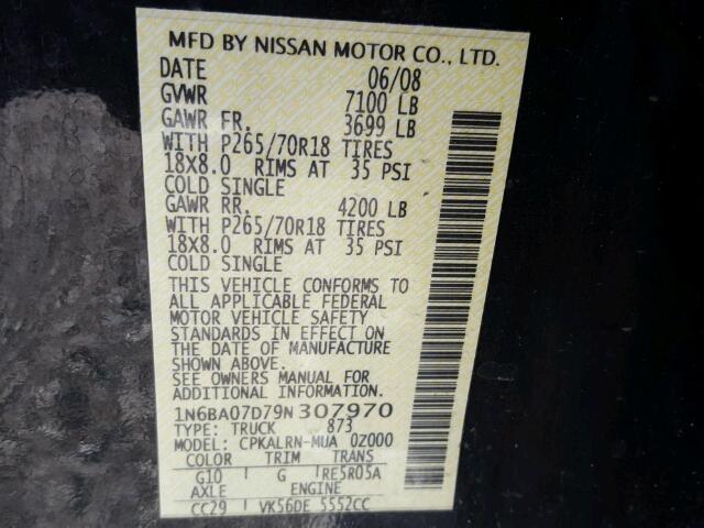 1N6BA07D79N307970 - 2009 NISSAN TITAN XE BLACK photo 10