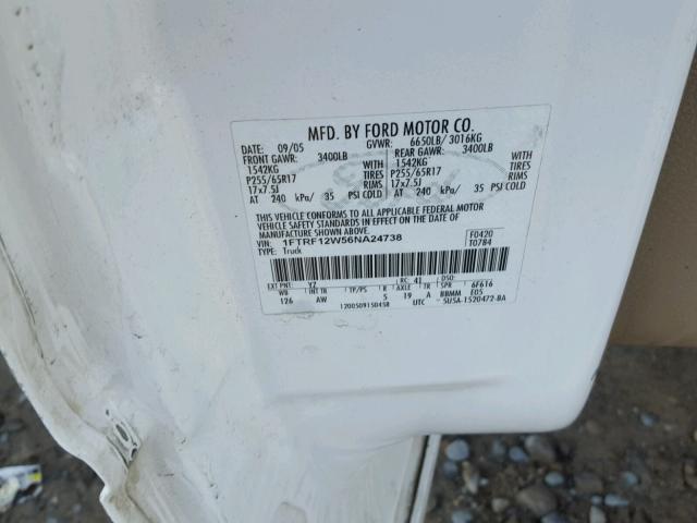 1FTRF12W56NA24738 - 2006 FORD F150 WHITE photo 10