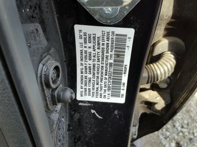 19XFC1F3XGE211586 - 2016 HONDA CIVIC EX შავი ფოტო 10