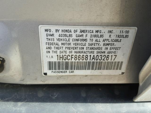 1HGCF86681A032617 - 2001 HONDA ACCORD VAL SILVER photo 10