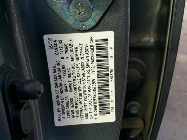 2HGFB2F6XCH570309 - 2012 HONDA CIVIC HF CHARCOAL photo 10