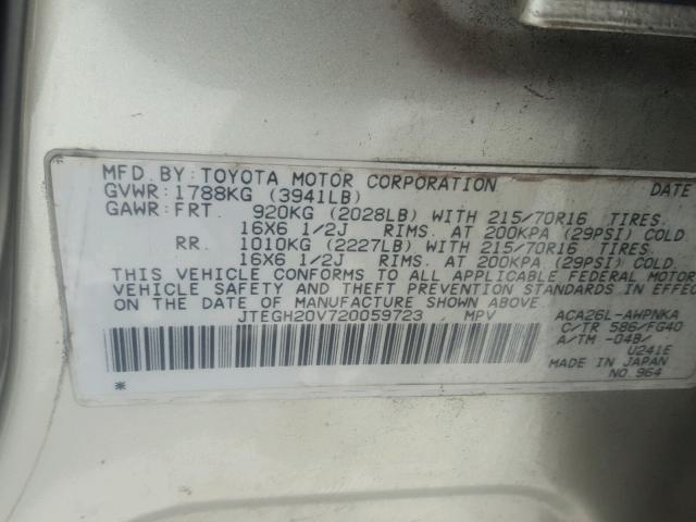 JTEGH20V720059723 - 2002 TOYOTA RAV4 BEIGE photo 10