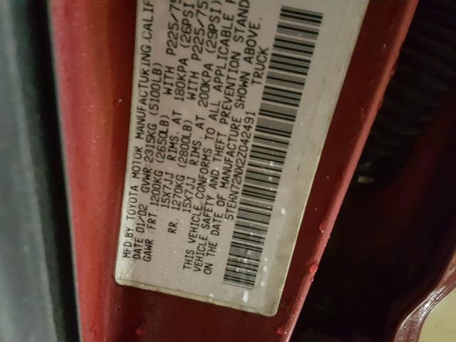 5TEHN72NX2Z042491 - 2002 TOYOTA TACOMA DOU RED photo 10