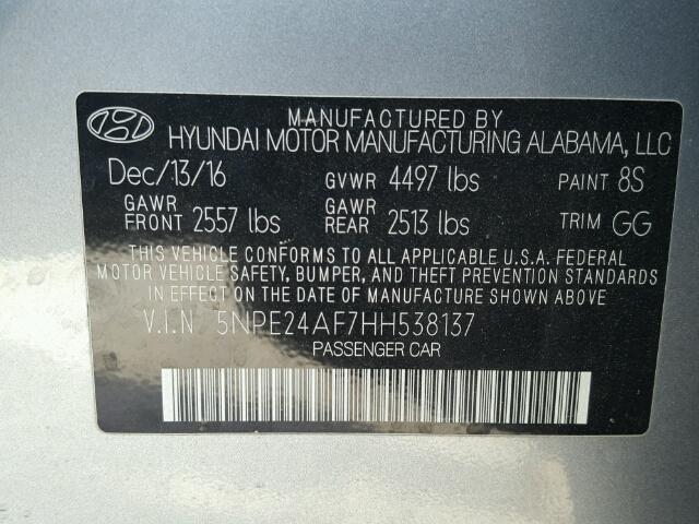 5NPE24AF7HH538137 - 2017 HYUNDAI SONATA SE GRAY photo 10