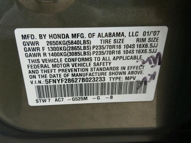 5FNYF28627B023233 - 2007 HONDA PILOT EXL GREEN photo 10