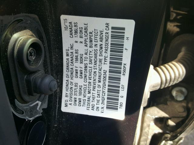 2HGFC2F72GH506342 - 2016 HONDA CIVIC EX შავი ფოტო 10