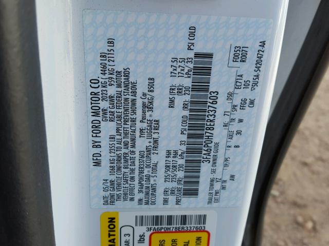 3FA6P0H78ER337603 - 2014 FORD FUSION SE WHITE photo 10