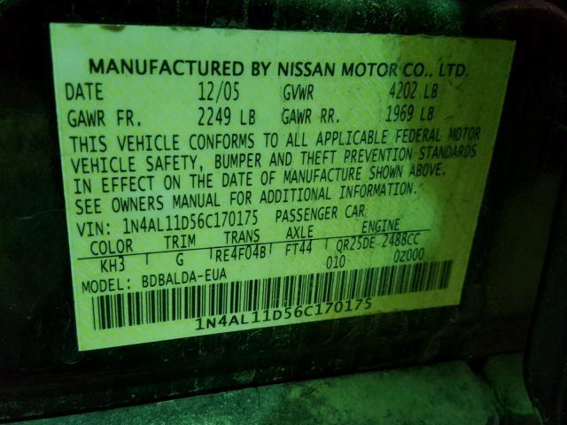 1N4AL11D56C170175 - 2006 NISSAN ALTIMA S BLACK photo 10