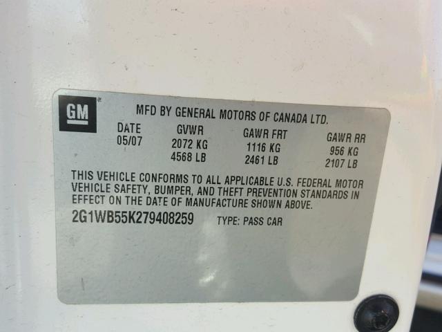 2G1WB55K279408259 - 2007 CHEVROLET IMPALA LS WHITE photo 10