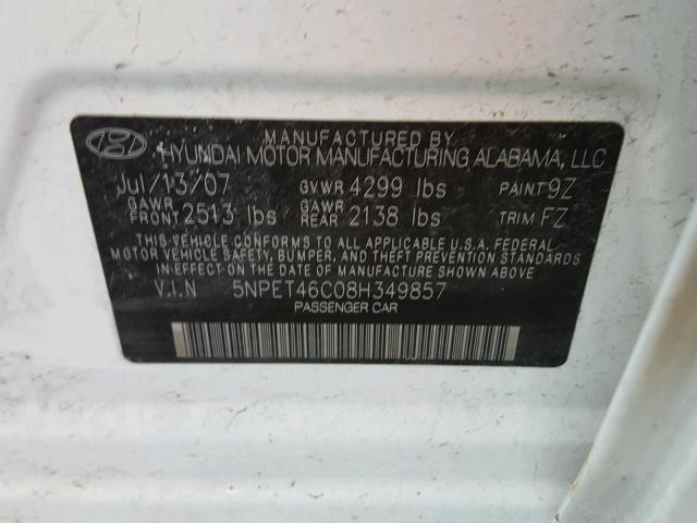 5NPET46C08H349857 - 2008 HYUNDAI SONATA GLS WHITE photo 10