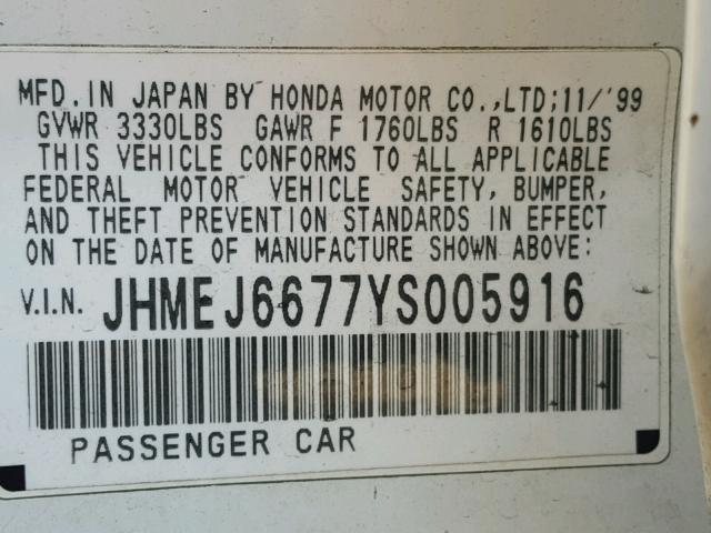 JHMEJ6677YS005916 - 2000 HONDA CIVIC LX WHITE photo 10