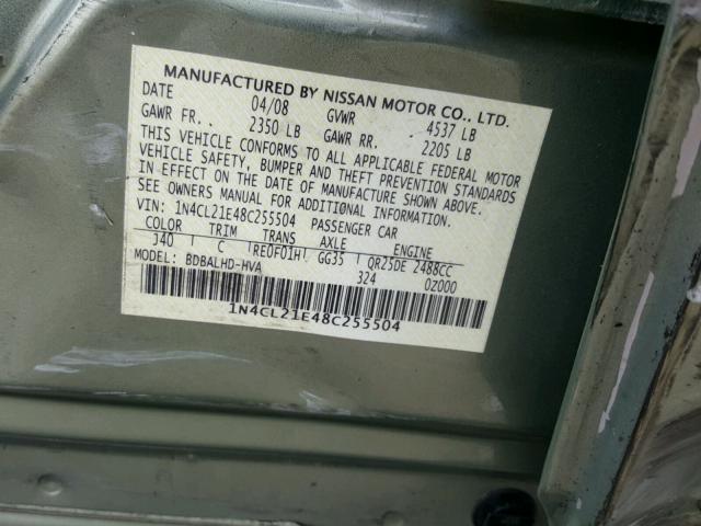 1N4CL21E48C255504 - 2008 NISSAN ALTIMA HYB GREEN photo 10