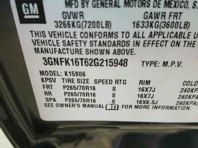 3GNFK16T62G215948 - 2002 CHEVROLET SUBURBAN K GRAY photo 10