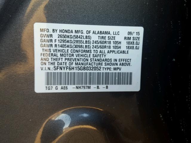 5FNYF6H15GB032052 - 2016 HONDA PILOT LX CHARCOAL photo 10