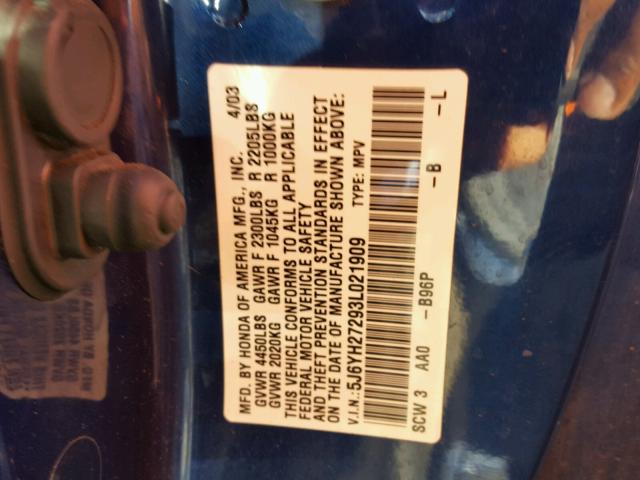 5J6YH27293L021909 - 2003 HONDA ELEMENT DX BLUE photo 10