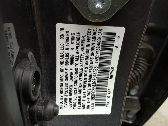 19XFC2F83GE044585 - 2016 HONDA CIVIC EX GRAY photo 10