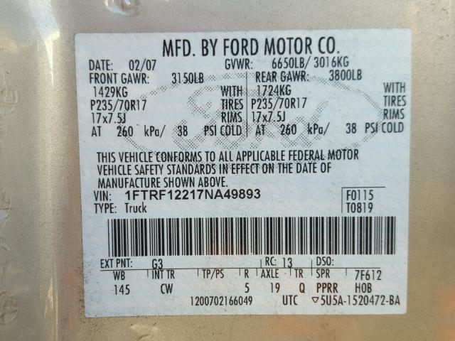 1FTRF12217NA49893 - 2007 FORD F150 GOLD photo 10