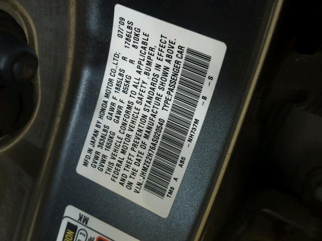 JHMZE2H76AS020540 - 2010 HONDA INSIGHT EX GRAY photo 10