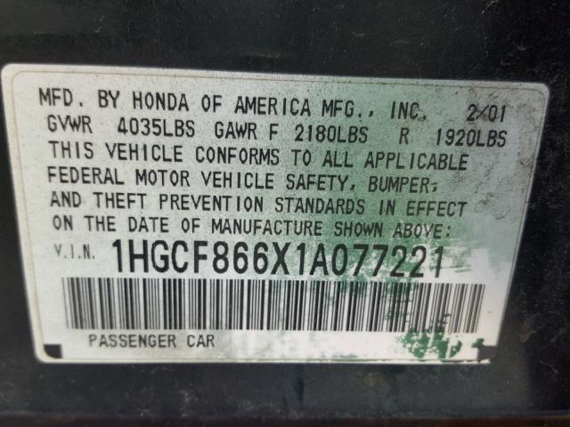 1HGCF866X1A077221 - 2001 HONDA ACCORD VAL GREEN photo 10