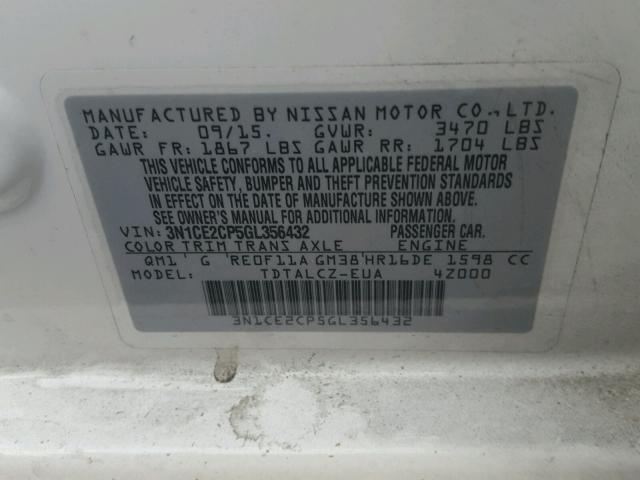 3N1CE2CP5GL356432 - 2016 NISSAN VERSA NOTE WHITE photo 10