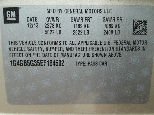 1G4GB5G35EF184602 - 2014 BUICK LACROSSE GOLD photo 10