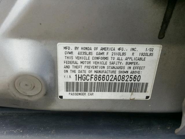 1HGCF86602A082560 - 2002 HONDA ACCORD VAL SILVER photo 10