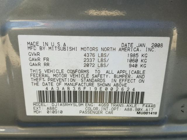 4A3AB36F19E002624 - 2009 MITSUBISHI GALANT ES GREEN photo 10