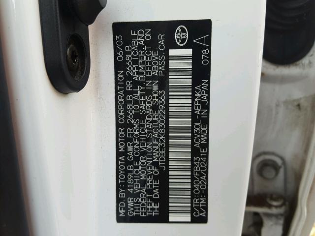 JTDBE32K830229363 - 2003 TOYOTA CAMRY LE WHITE photo 10