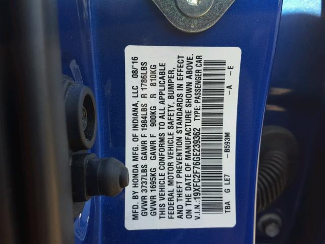 19XFC2F76GE239362 - 2016 HONDA CIVIC EX ლურჯი ფოტო 10