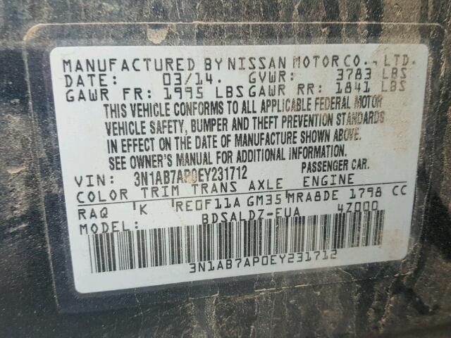 3N1AB7AP0EY231712 - 2014 NISSAN SENTRA S CHARCOAL photo 10