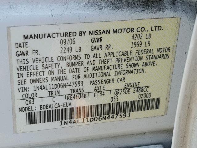 1N4AL11D06N447593 - 2006 NISSAN ALTIMA S WHITE photo 10