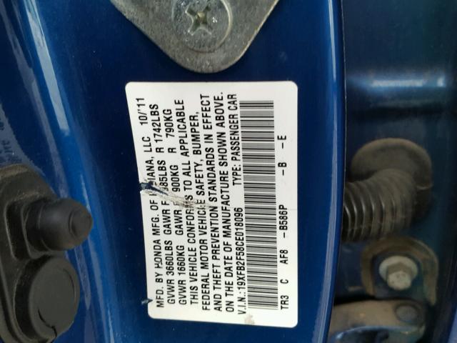 19XFB2F58CE018096 - 2012 HONDA CIVIC LX BLUE photo 10