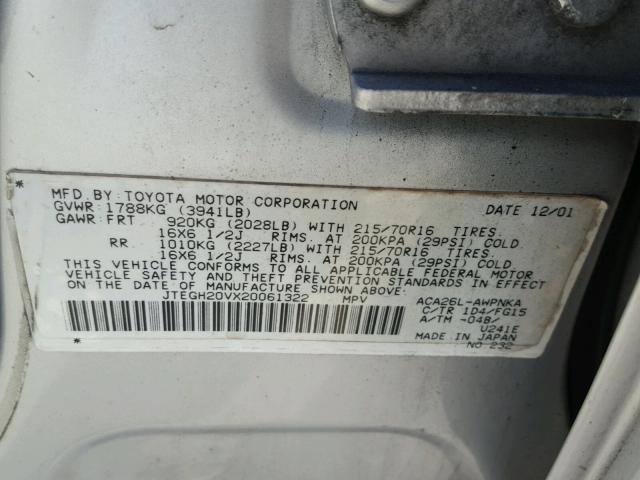 JTEGH20VX20061322 - 2002 TOYOTA RAV4 SILVER photo 10