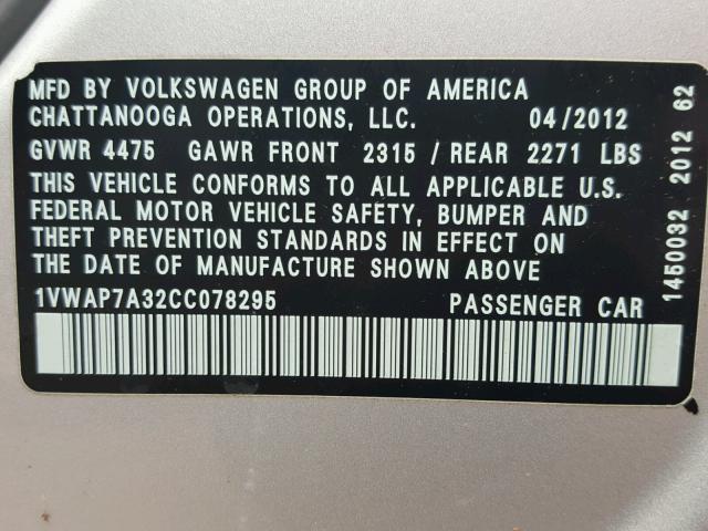 1VWAP7A32CC078295 - 2012 VOLKSWAGEN PASSAT S ვერცხლისფერი ფოტო 10