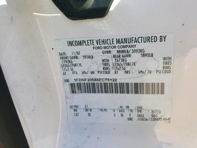 1FDNF20588EC75122 - 2008 FORD F250 SUPER WHITE photo 10