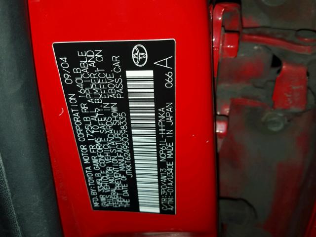 JTKKT624950098335 - 2005 TOYOTA SCION XA RED photo 10