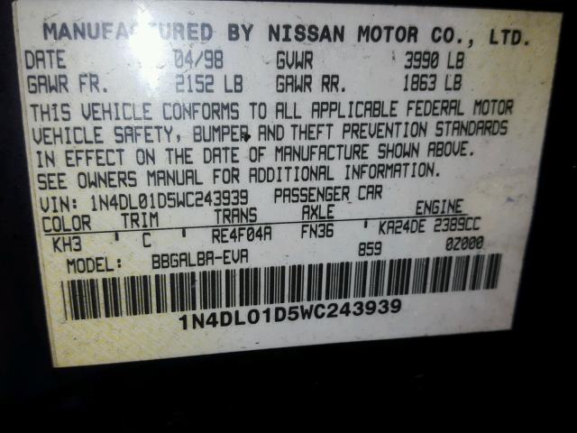 1N4DL01D5WC243939 - 1998 NISSAN ALTIMA XE BLACK photo 10