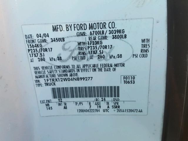 1FTRX12W04NB99277 - 2004 FORD F150 WHITE photo 10