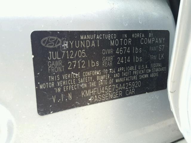 KMHFU45E75A425920 - 2005 HYUNDAI XG 350 SILVER photo 10