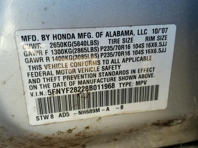 5FNYF28228B011968 - 2008 HONDA PILOT VP SILVER photo 10