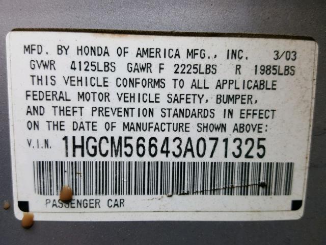 1HGCM56643A071325 - 2003 HONDA ACCORD EX SILVER photo 10