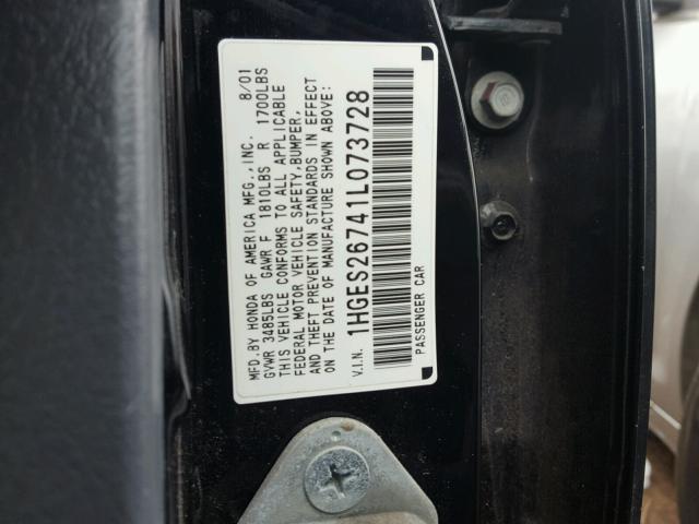 1HGES26741L073728 - 2001 HONDA CIVIC EX BLACK photo 10