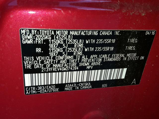 2T3YFREV4GW274284 - 2016 TOYOTA RAV4 LIMIT RED photo 10