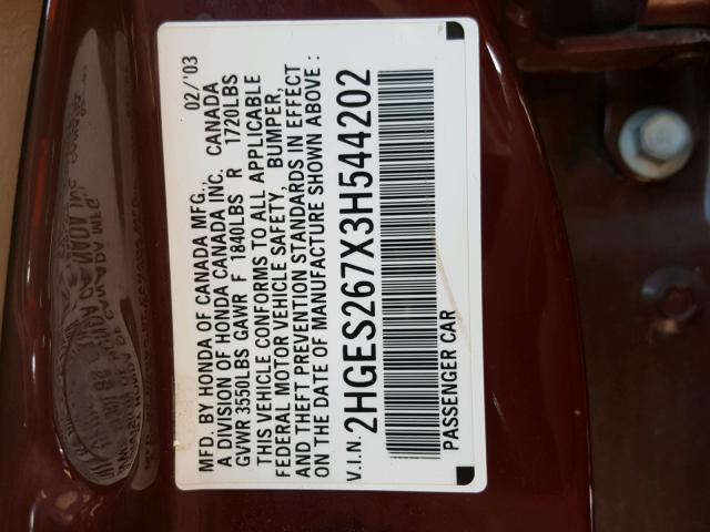 2HGES267X3H544202 - 2003 HONDA CIVIC EX ბურგუნდია ფოტო 10