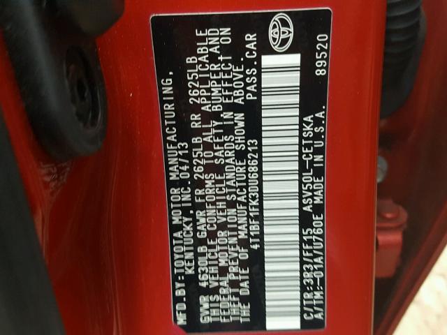 4T1BF1FK3DU686213 - 2013 TOYOTA CAMRY L RED photo 10