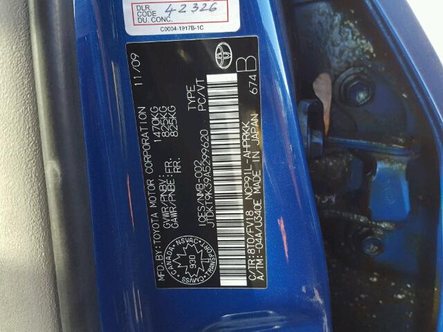 JTDKT9K39A5299620 - 2010 TOYOTA YARIS BLUE photo 10