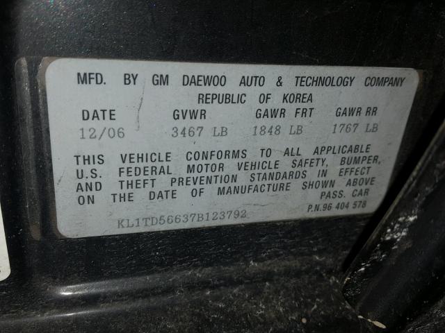 KL1TD56637B123792 - 2007 CHEVROLET AVEO BASE Siyah fotoğraf 10
