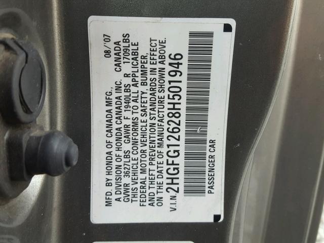 2HGFG12628H501946 - 2008 HONDA CIVIC LX GRAY photo 10