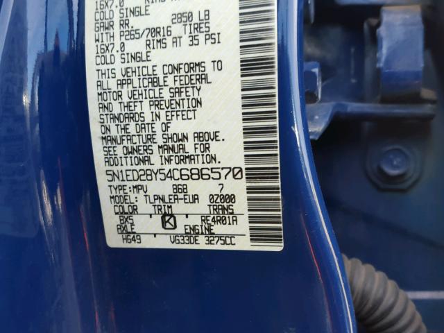 5N1ED28Y54C686570 - 2004 NISSAN XTERRA XE BLUE photo 10